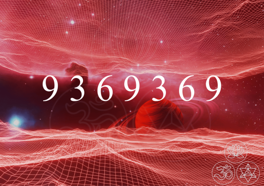 Universelle Heilzahl Zahl "9369369" in einem roten, abstrakten Hintergrund mit galaktischen Mustern.