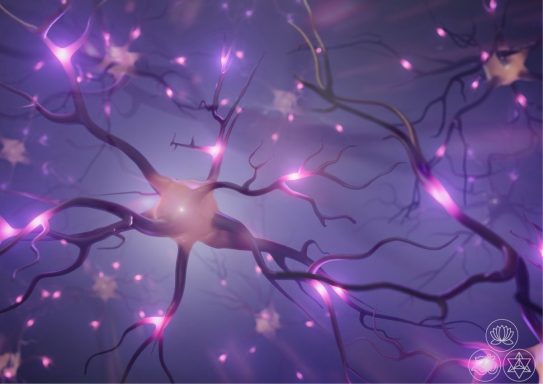 Wissenschaft meets Spiritualität Neuronen mit leuchtenden Verzweigungen auf einem abstrakten Hintergrund.